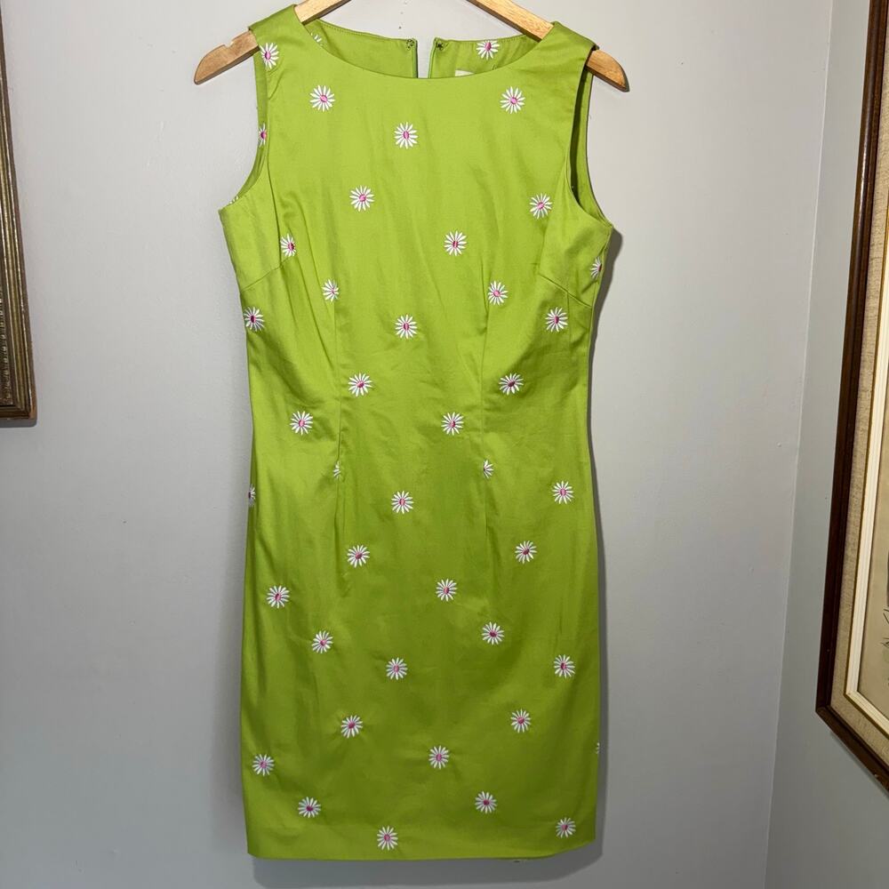 Vintage Amanda Smith Lime Green Daisy Embroidered Cotton Sheath Dress Size 6